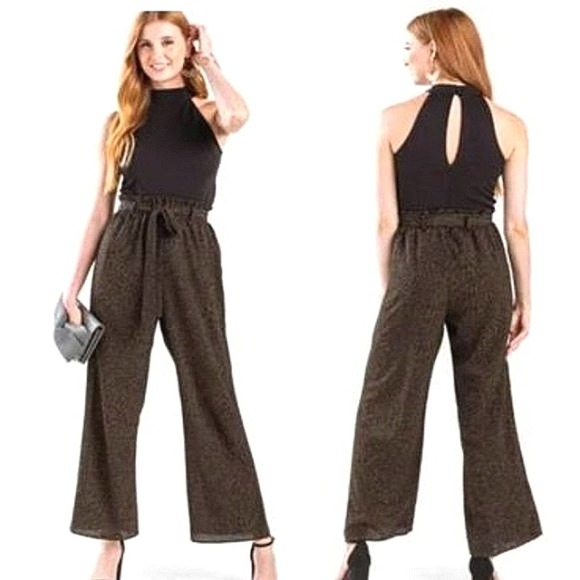 Charlie's Angels Jumpsuit Black Top Leopard Bottoms Sleeveless Wide Sz S Olive - Picture 1 of 10